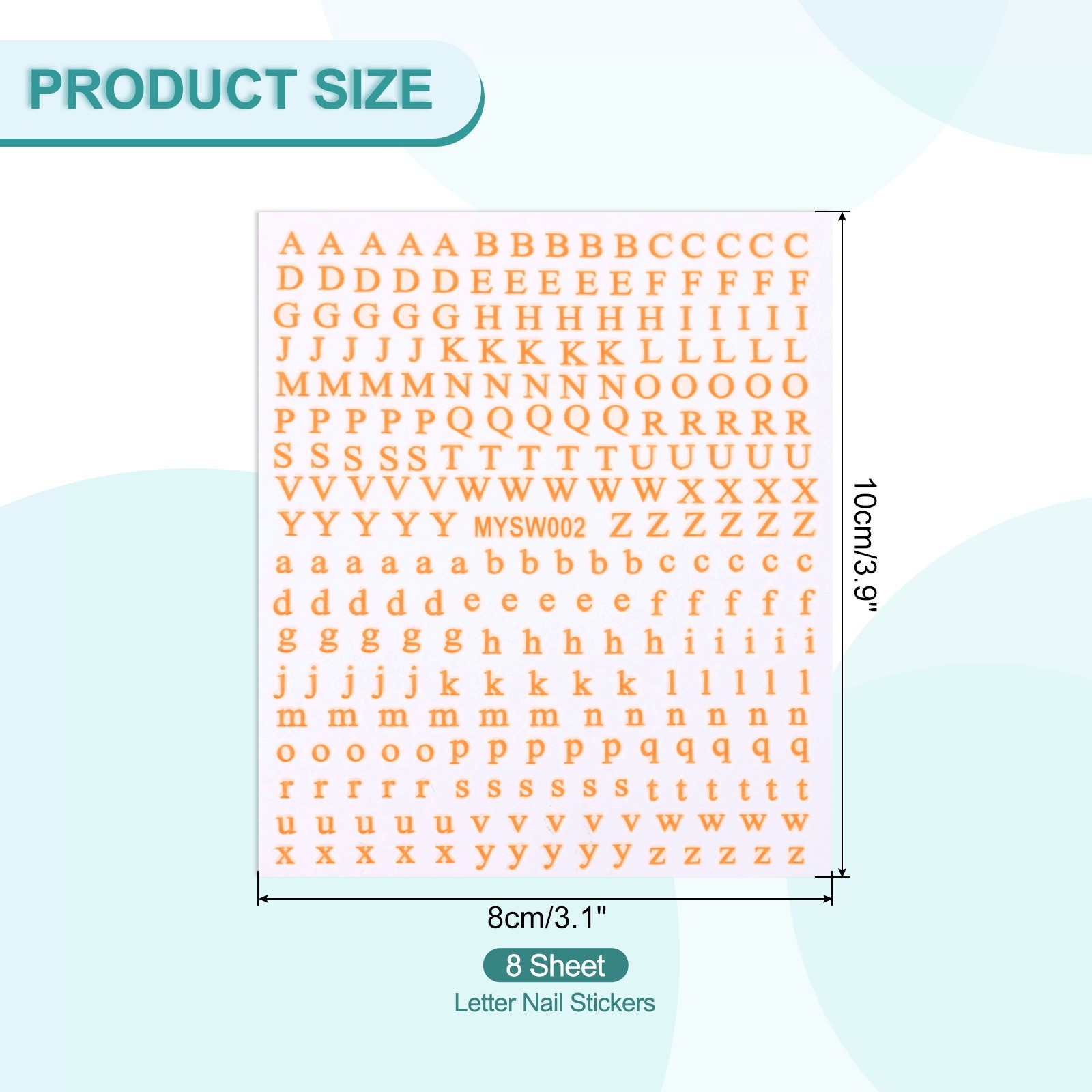 Letter Nail Stickers 8 Sheet 3D English Letter Nail Decal Fluorescent Orange