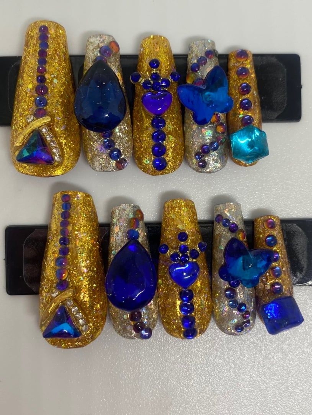 Silver and Gold Foils with Blue Jewels Handmade Press On Nail Set