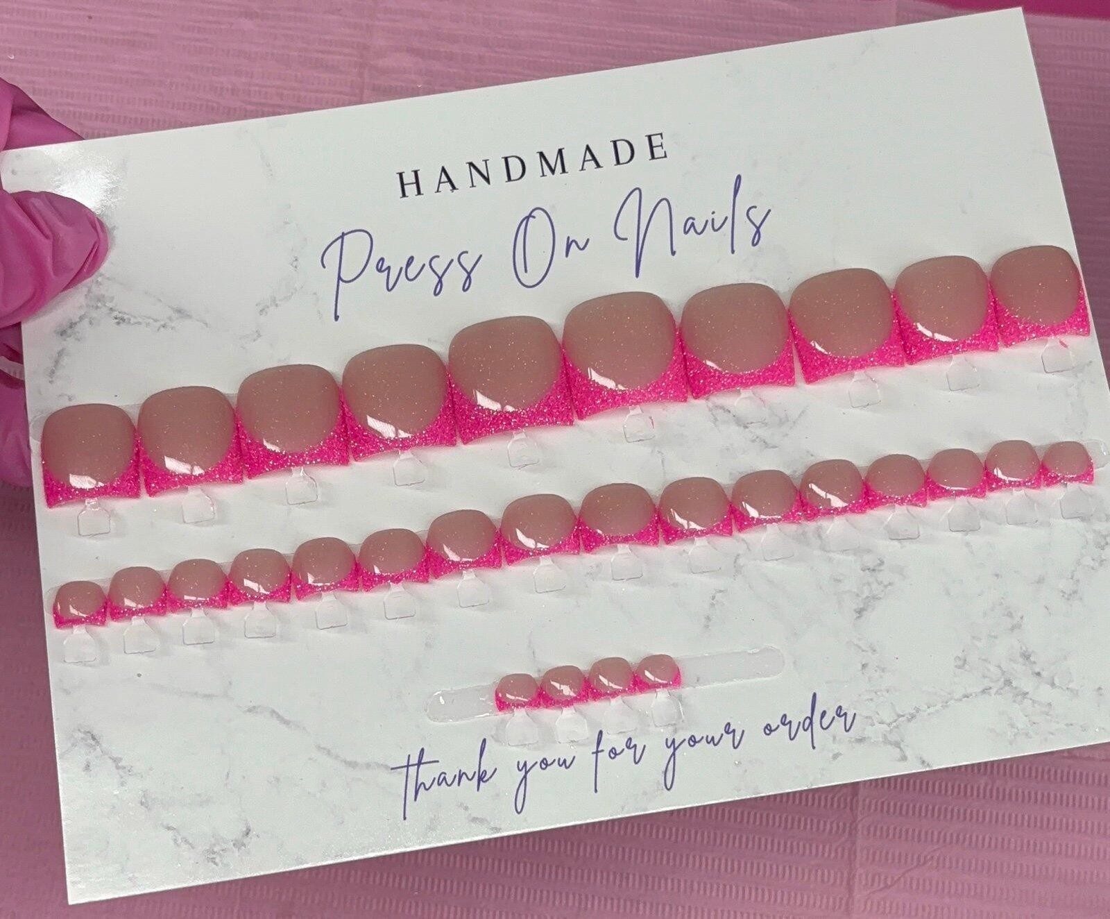 Press on toenails pink glitter French tips handmade custom builder gel nude