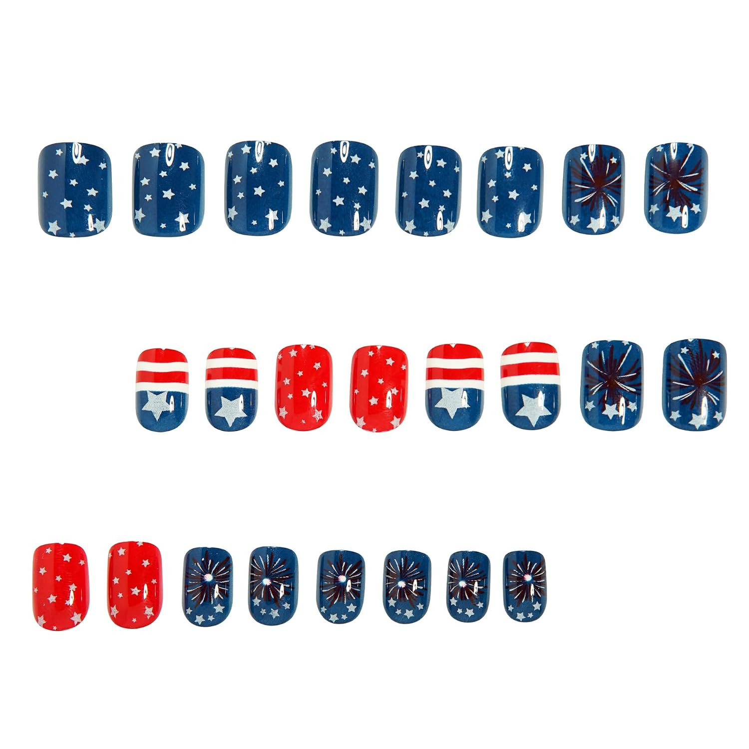 24Pcs Independence Day Fireworks Press on Nails Short Square Stripes Five-Pointe