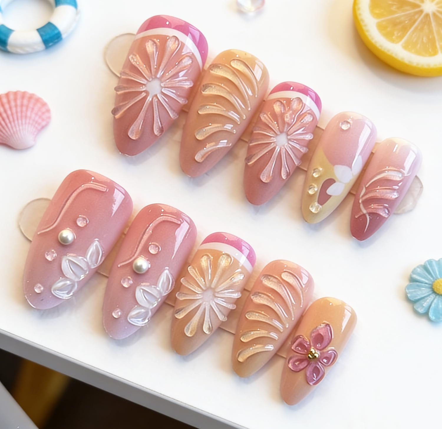 30Pcs Pink Press on Nails Medium Almond Fake Nails with Gold Beads 3D Flower Acr