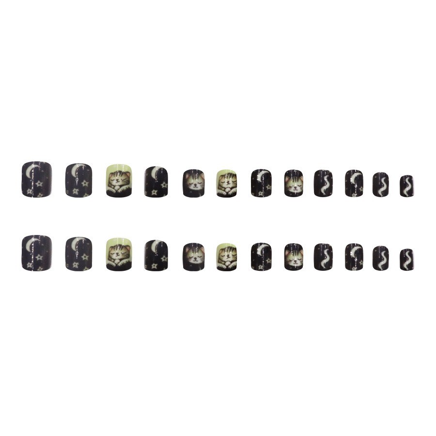 48Pcs-Medium Square Black Green Moon Sleeping Cat Hand Painted Press on Nails