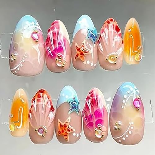 24Pcs Summer Ocean Press on Nails Short Almond French Tip Fake Nails with Pearl