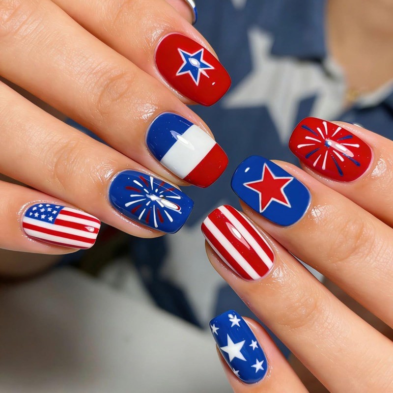 48pcs-Patriotic Fake Nails with Red, White & Blue Stars, Stripes and Fireworks