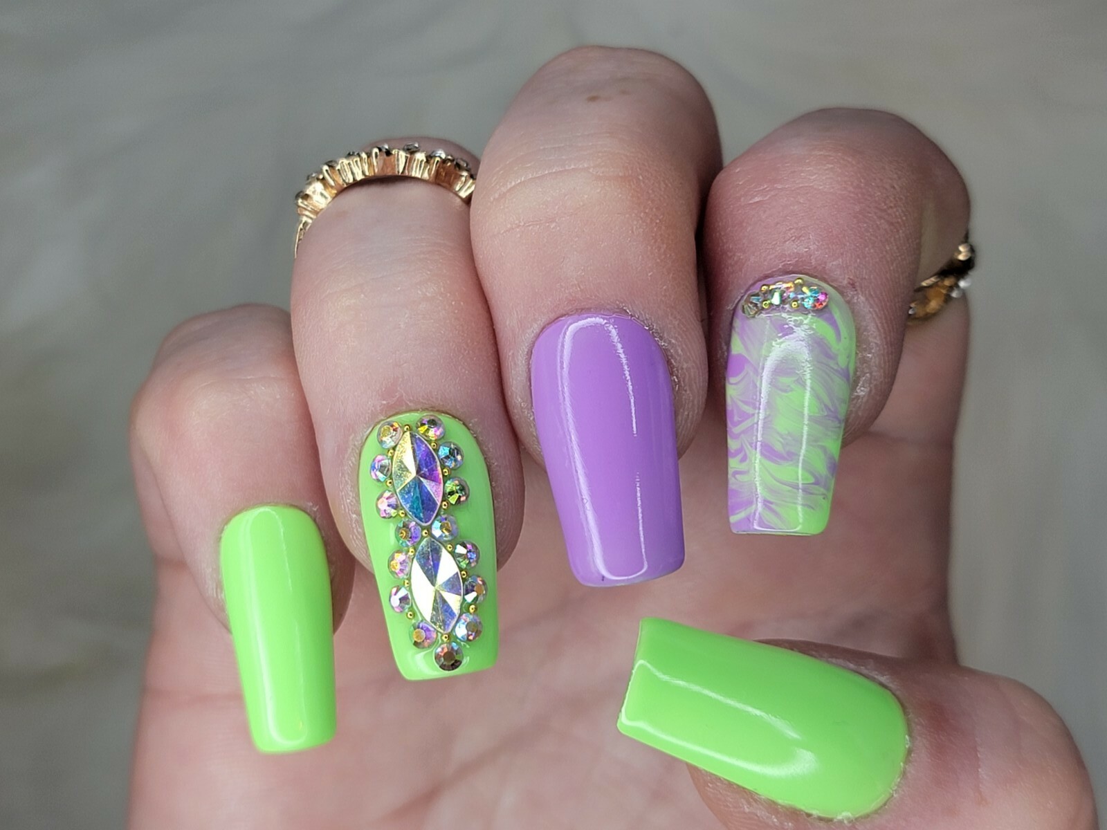 Green & purple marble bling press on nails square watercolor spring pastel nail