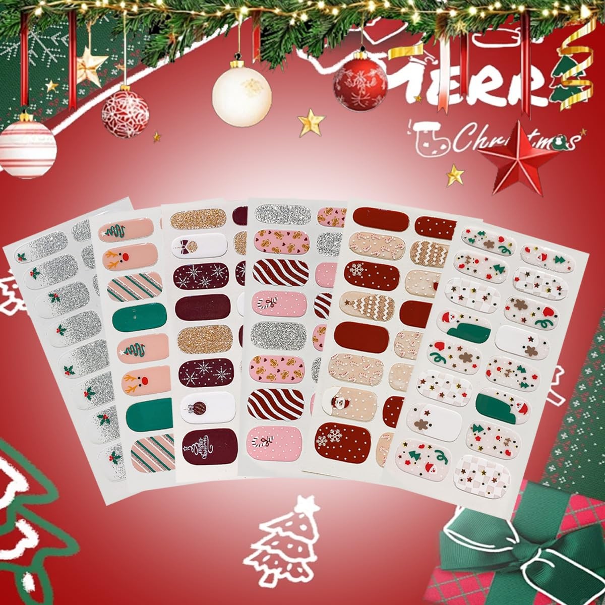 6Pcs Christmas Gel Nail Stickers Glitter Snowflake Nail Polish Strips Self Ad…