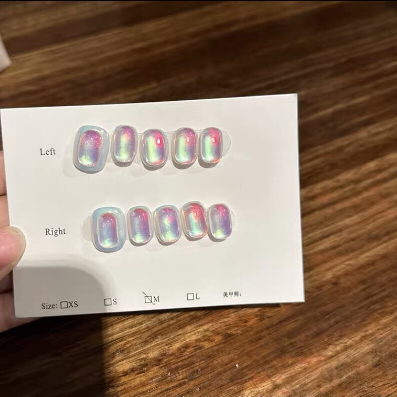 Handmade Iridescent Aurora False Nail Short Squoval Press on Nails for Nail Art