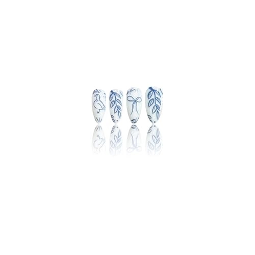 24Pcs Blue Flower Press on Nails Medium Almond Fake Nails Spring White Blue