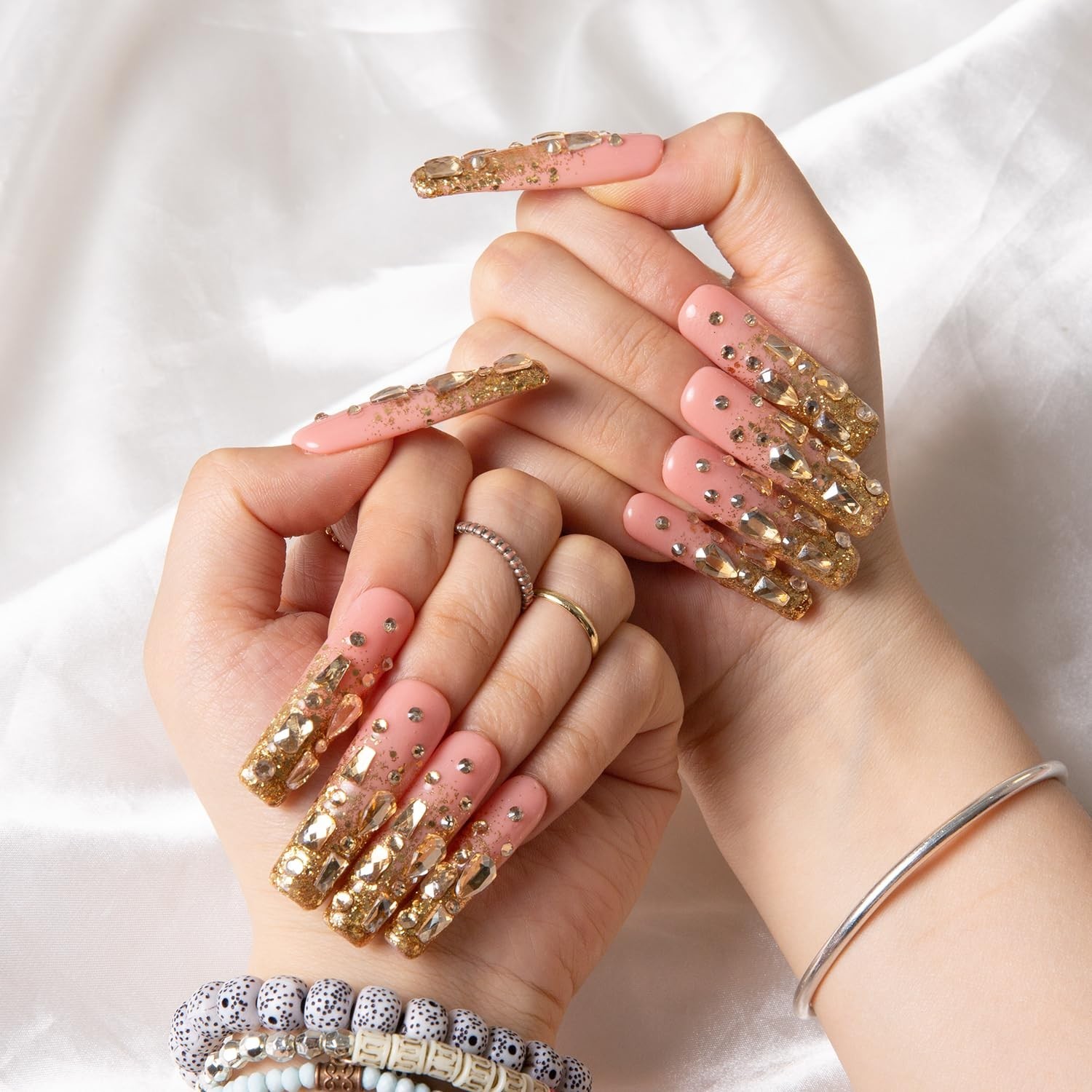 Salon-Quality Stardust Gold Rhinestone Nails