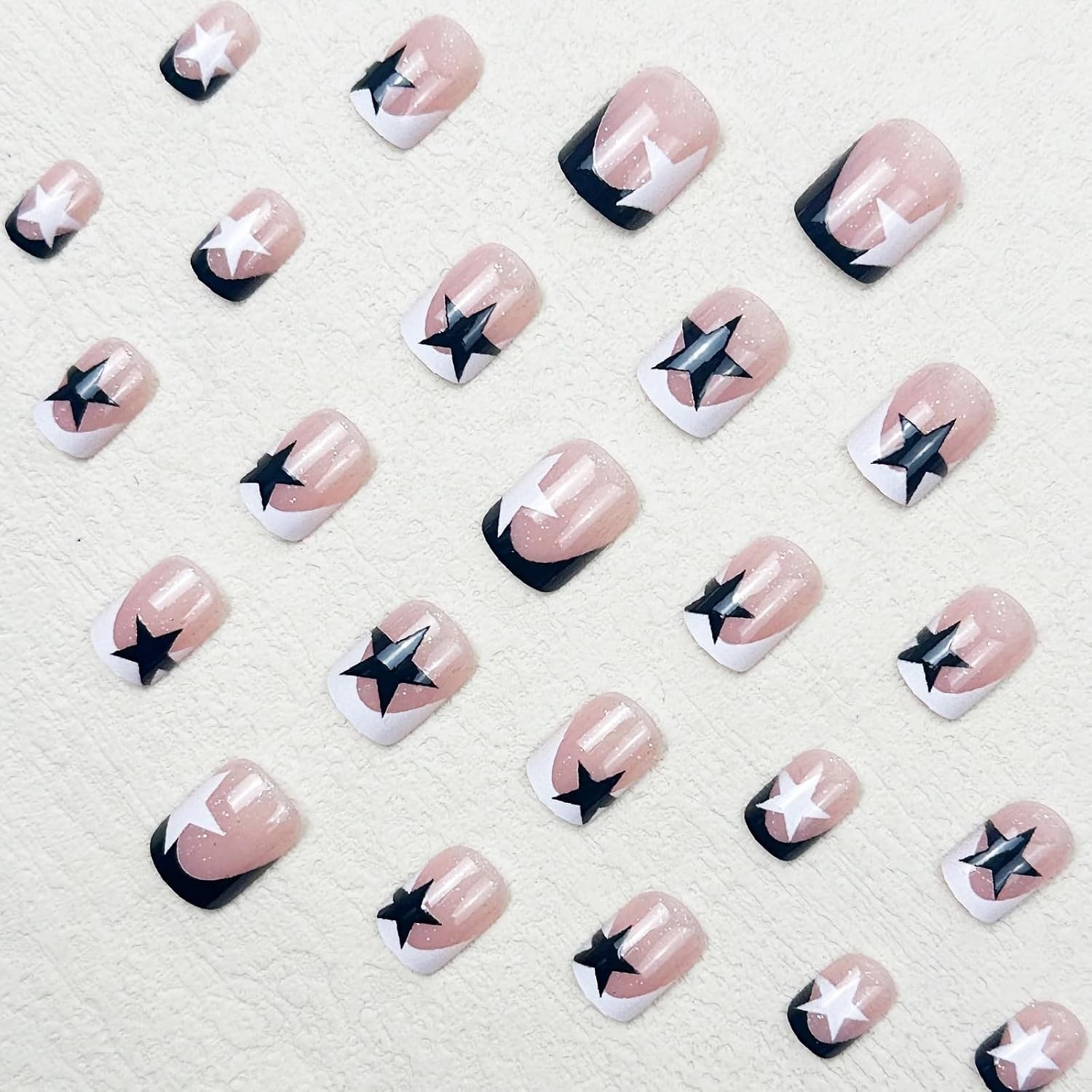 Square Press on Nails Short – White Black French Tip Fake Nails, Star Y2K Got…