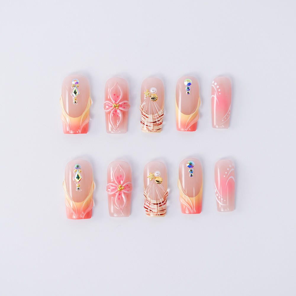 10pcs Peach Gradient Square Nails 3D Flower Gems Tropical Summer Style