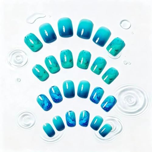 Blue Teal Gradient Press on Nails Short Square Fake Nails Ocean Wave Square-03