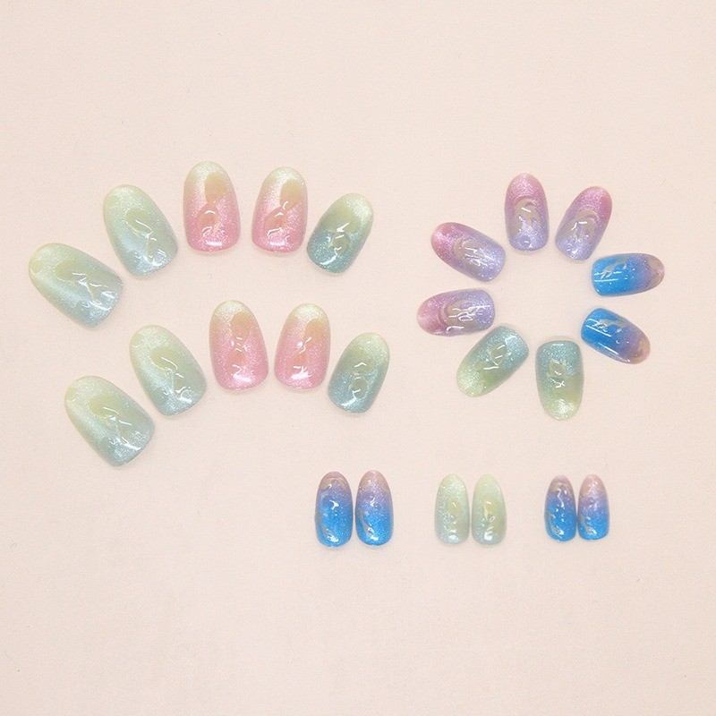 48pcs-Press on Nails Cat Eye Goldfish Print Water Drop Round Oval Nail Art Set