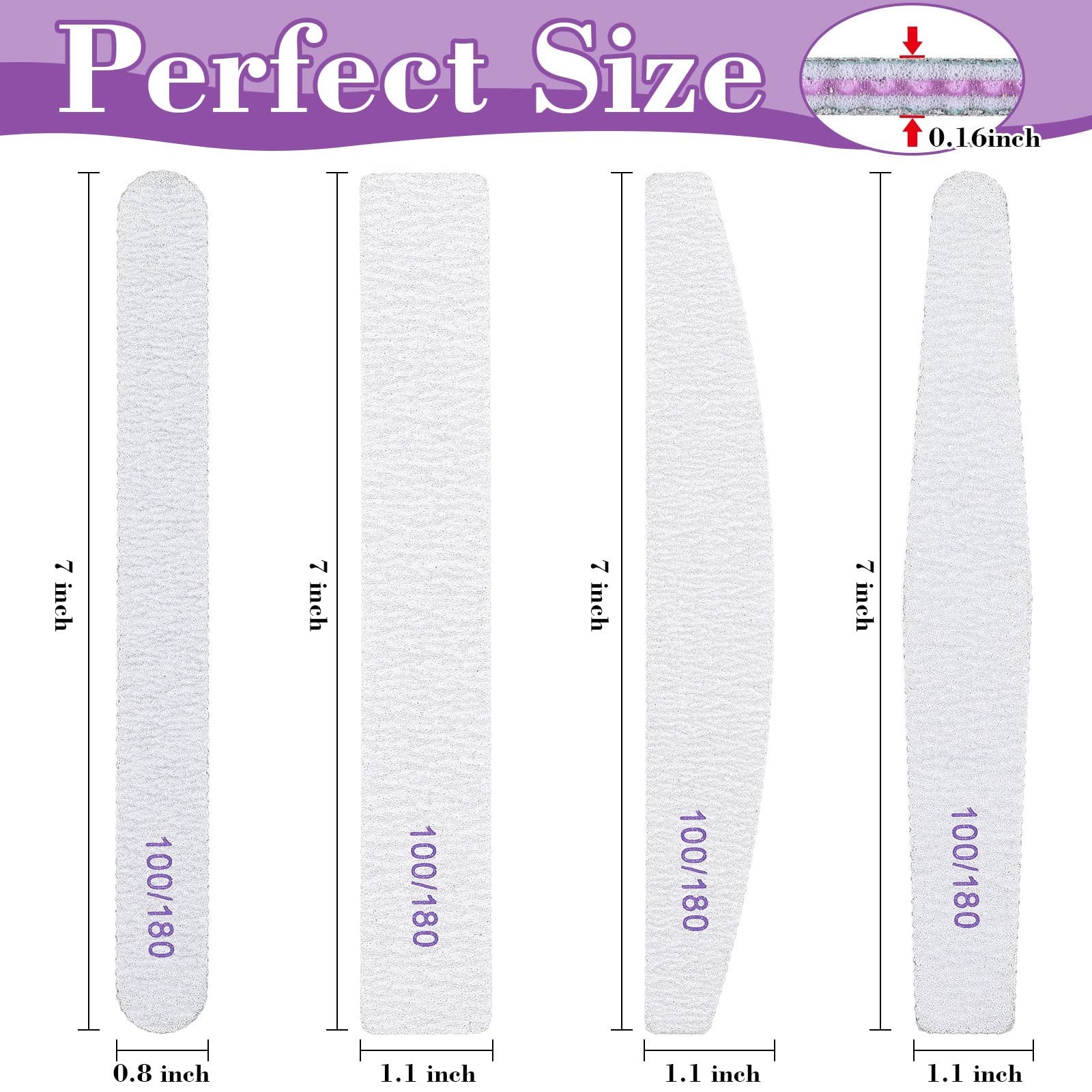 200 Pcs 4 Styles Nail Files Bulk 100/180 Grit Double Sides Professional Reusa…