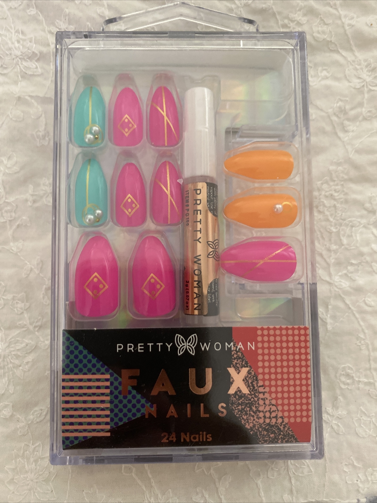 Pretty Woman Faux Nails Pink Teal Pearl Bling Glue On Almond Summer 24