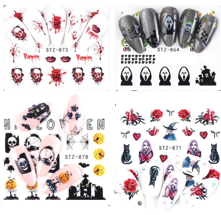 Nail Art Stickers Water Decal Transfer Halloween Cat Cobweb Pumpkin Skull NH15