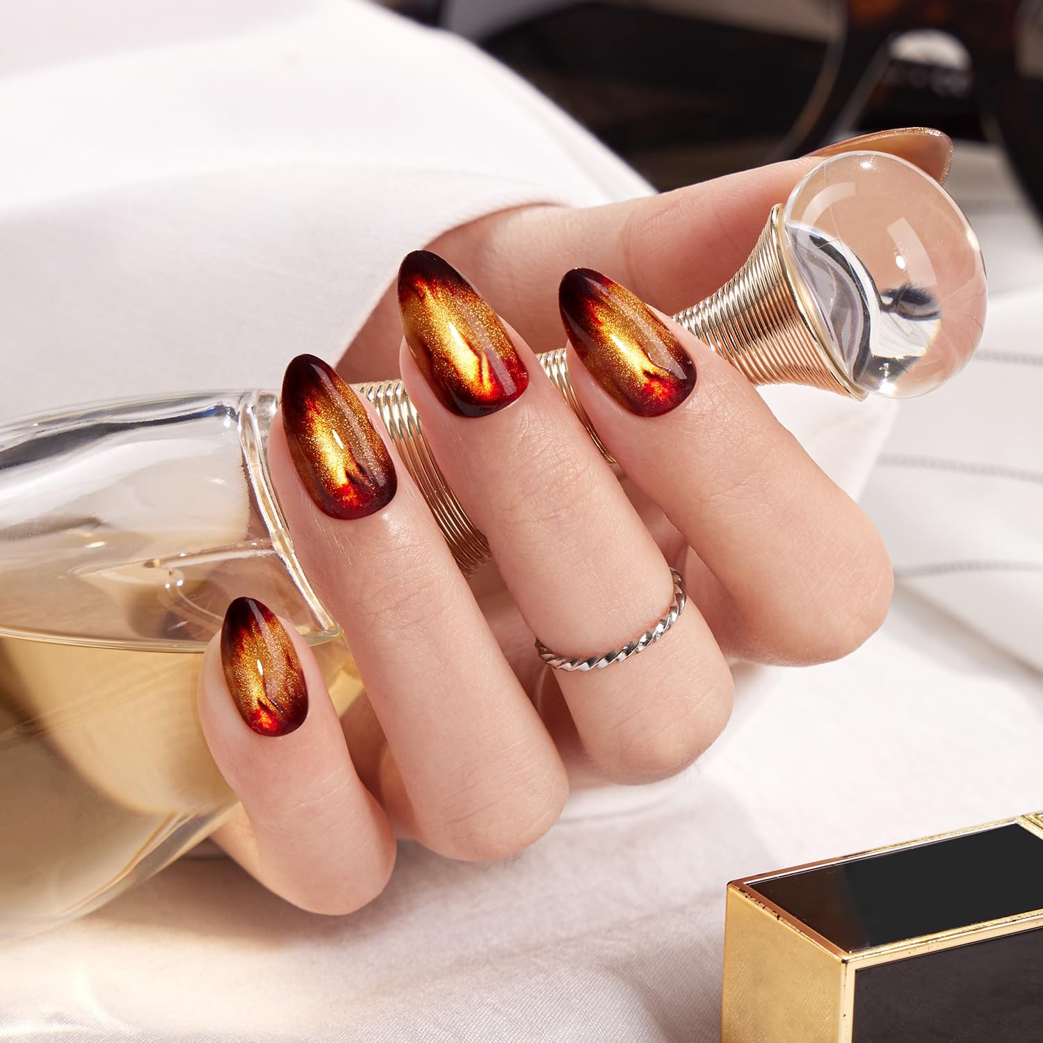 VSALON Press On Nails Short Almond – Golden Cat Eye, 32 PCS
