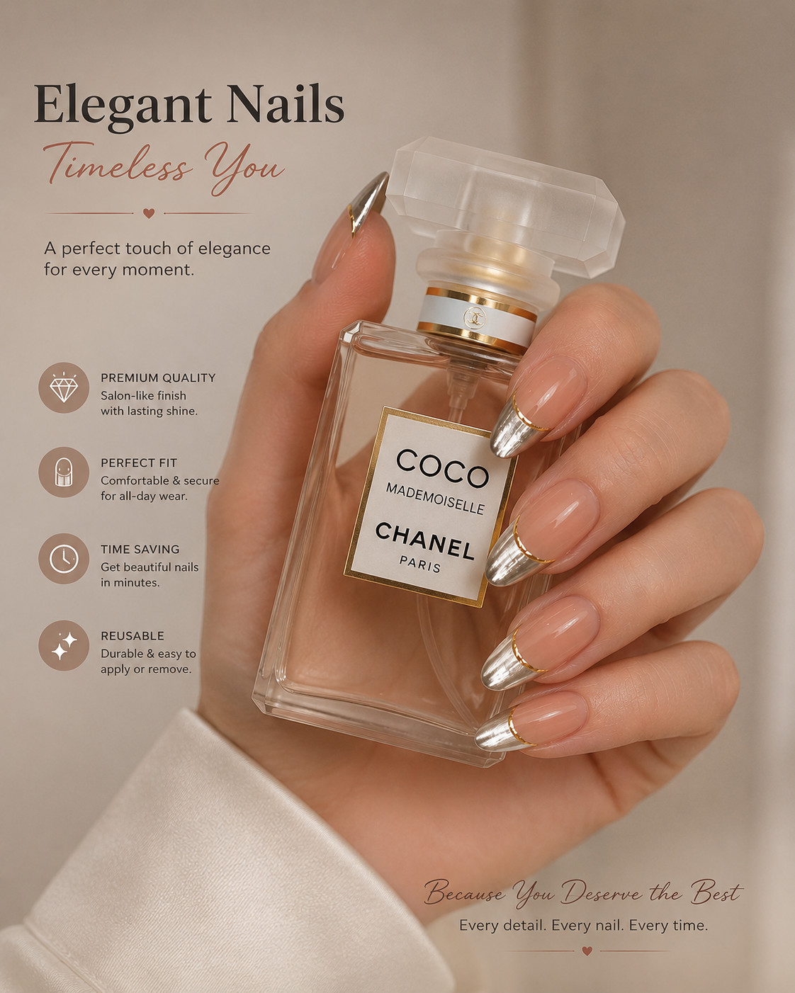 Almond Nude Gold French Tip Press On Nails with Gold Line Accent – Medium