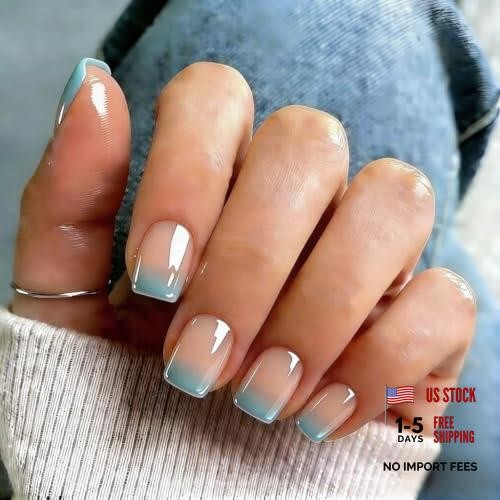 Chrome Ombre Teal Blue Press On Nails – 30 Pcs – Square – Ombre Blue