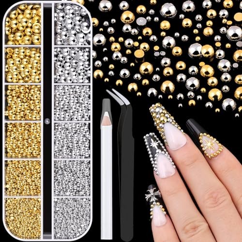 Silver and Gold Nail Charms and Gems, 1.5-5mm 04 Nail Pearls(Gold+Silver) Set 3