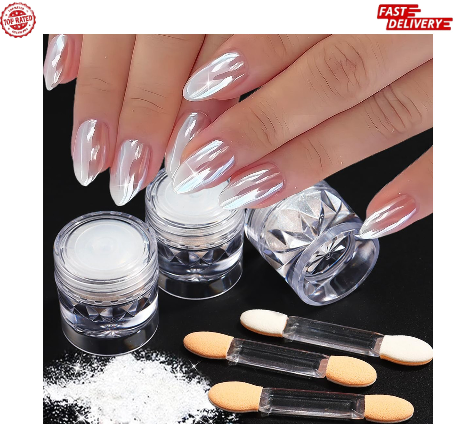 3Pcs Moonlight White Pearl Chrome Nail Powder, Super Glossy Clear Mirror Effect