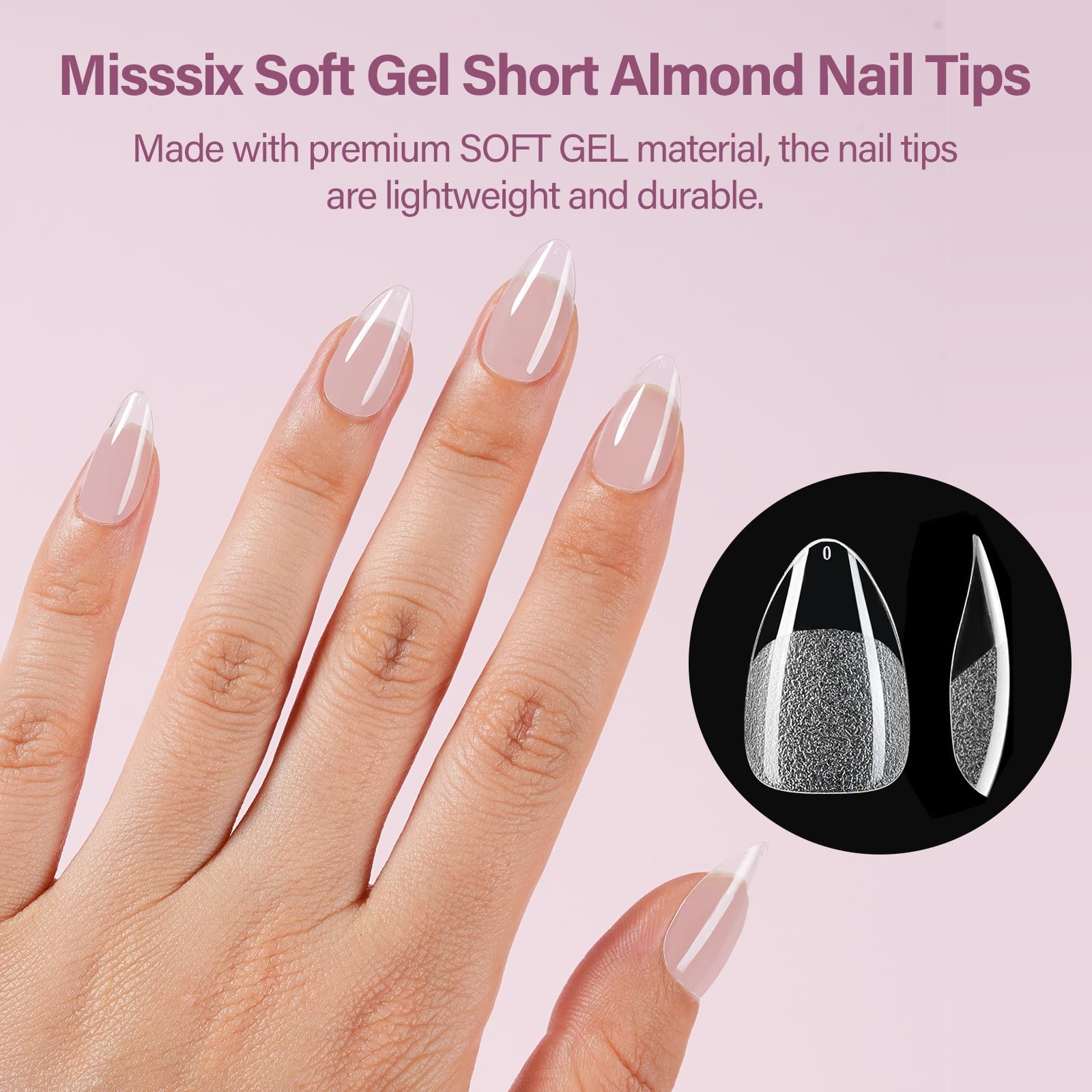 Misssix Short Almond Gel Nail Tips Kit, 216Pcs Pre Etched Clear Fake