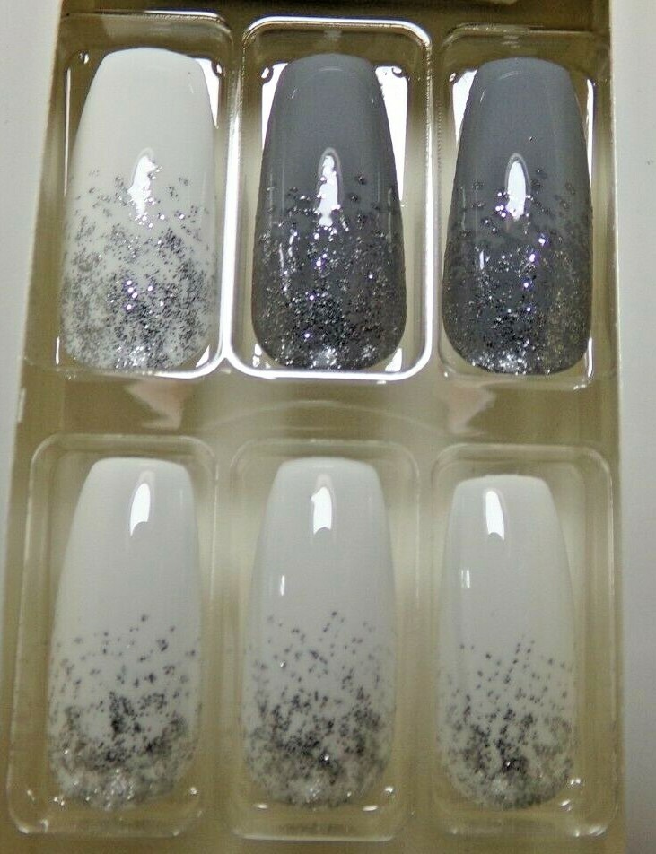 KISS NAILS GLUE ON Shiny Gray / White LONG LENGTH, COFFIN BALLERINA SHAPE