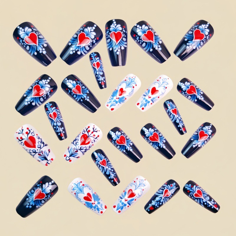 48 Pcs of Valentine’s Day Blue Heart-shaped Long Ballet Nail Fashion Fake Nail