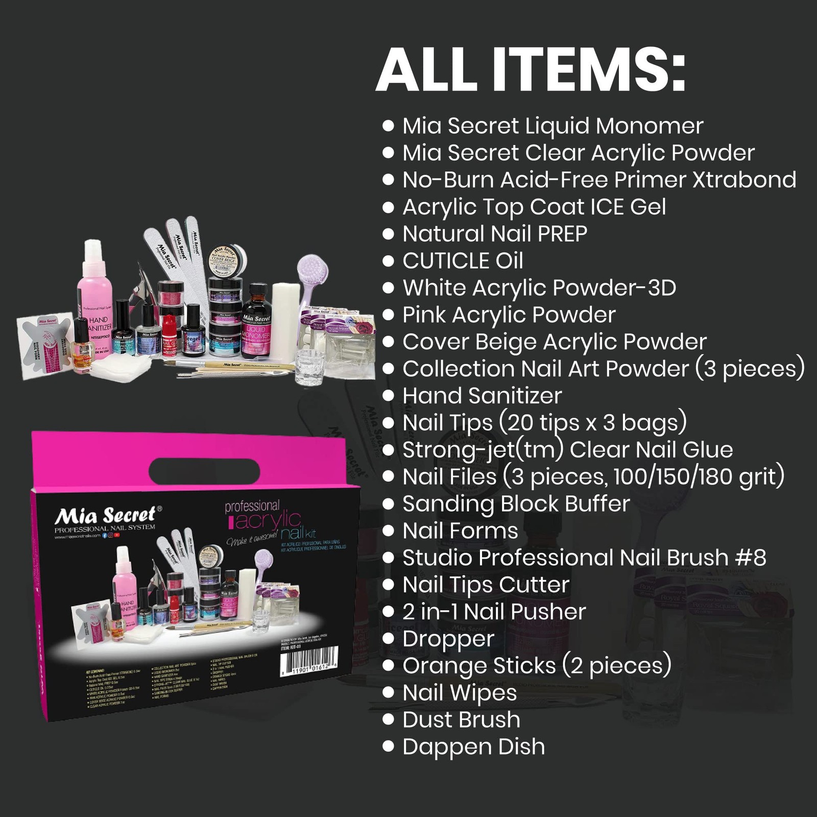 27 Piece Mia Secret Acrylic Nail Set With Monomer Pink White Clear Powders