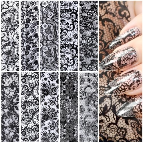 10 Sheets Nail Transfer Foil, Lace Nail Foil, Lace Nails Black (20×2.3cm)