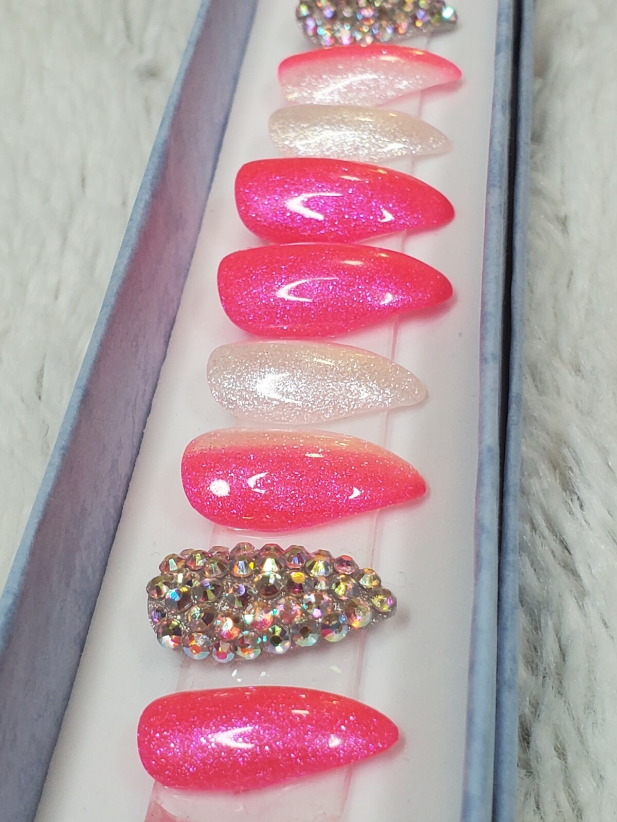 Neon hot pink Bling glitter short stiletto diamond press on nails barbie ombre