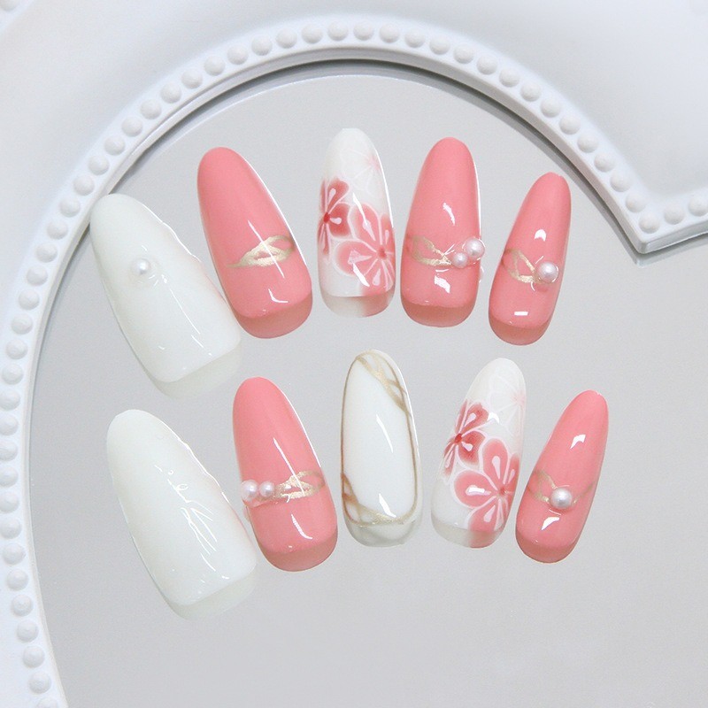 60pcs-Nude Pink Beige Press on Nails Cherry Blossom Print 3D Flower Almond Set