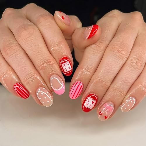 Valentine’s Day Press on False Nails Short Oval Fake Nails French Tip Style-12