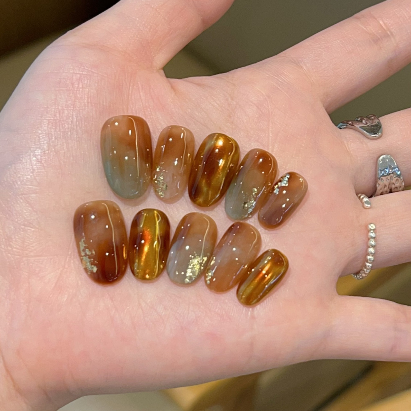 Handmade Nail Art with Amber Gradient Color Scheme for Fall and Winter