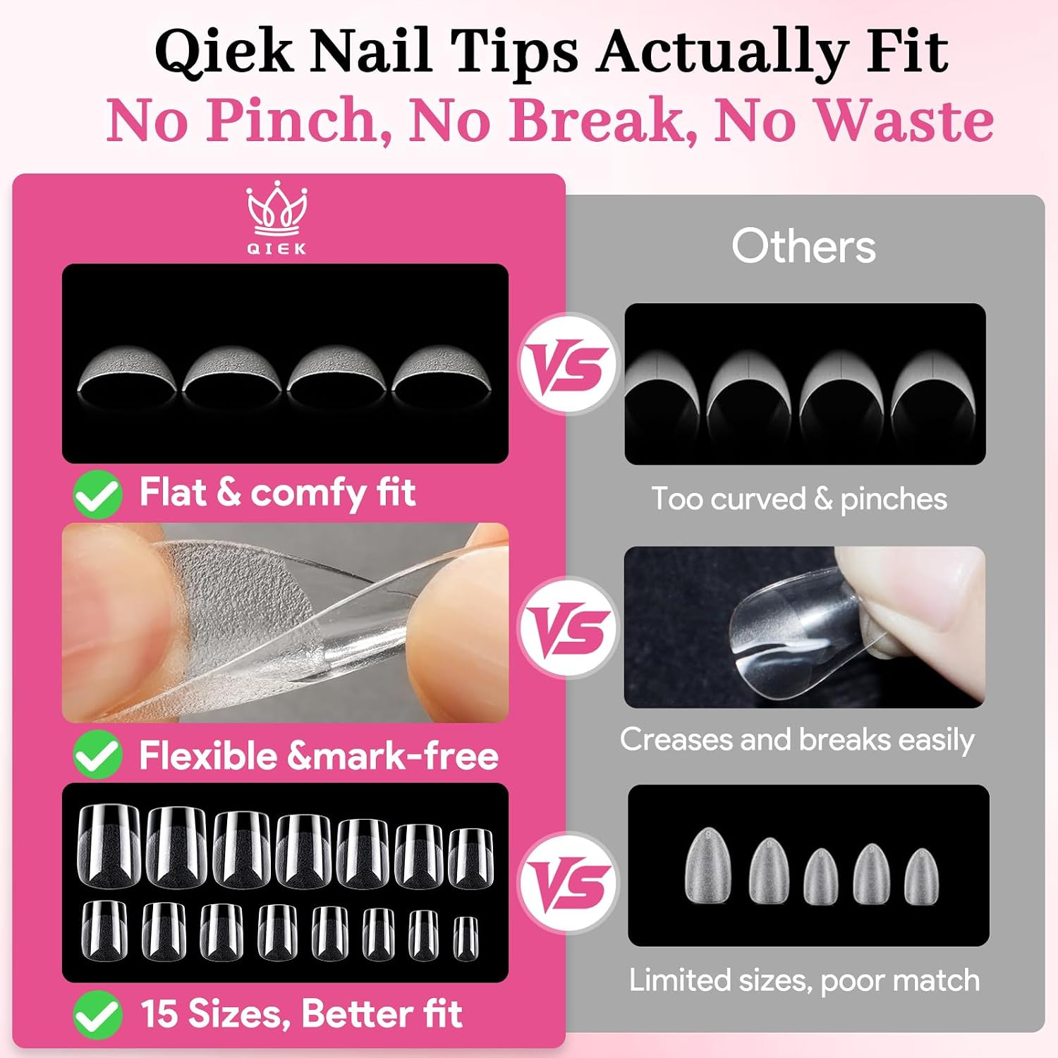 Extra Short Square False Nail Tips, 15 Sizes 510 PCS Clear French Press on Fake