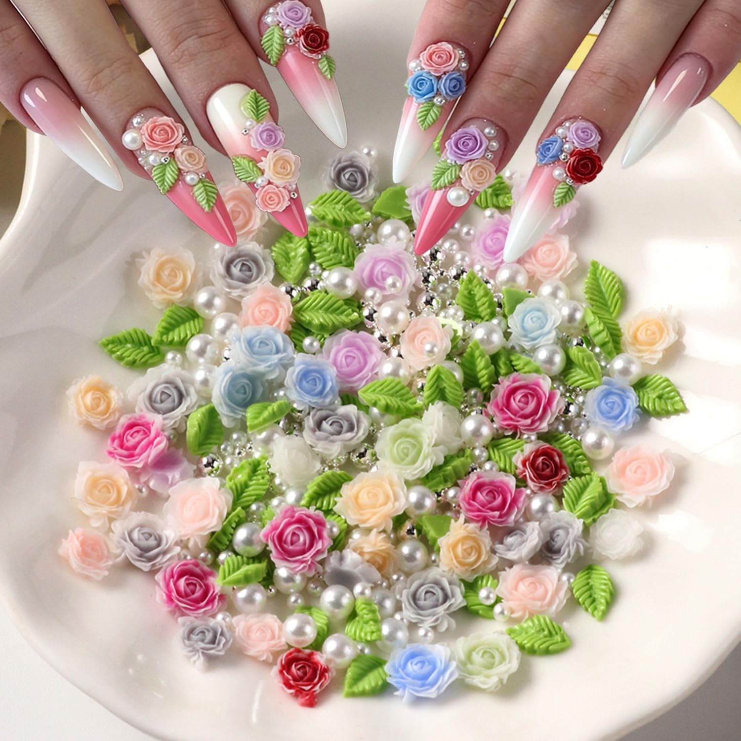 100Pcs Spring Resin Rose Nail Charms with Pearls Leaves 3D Floral Nail Art Charm