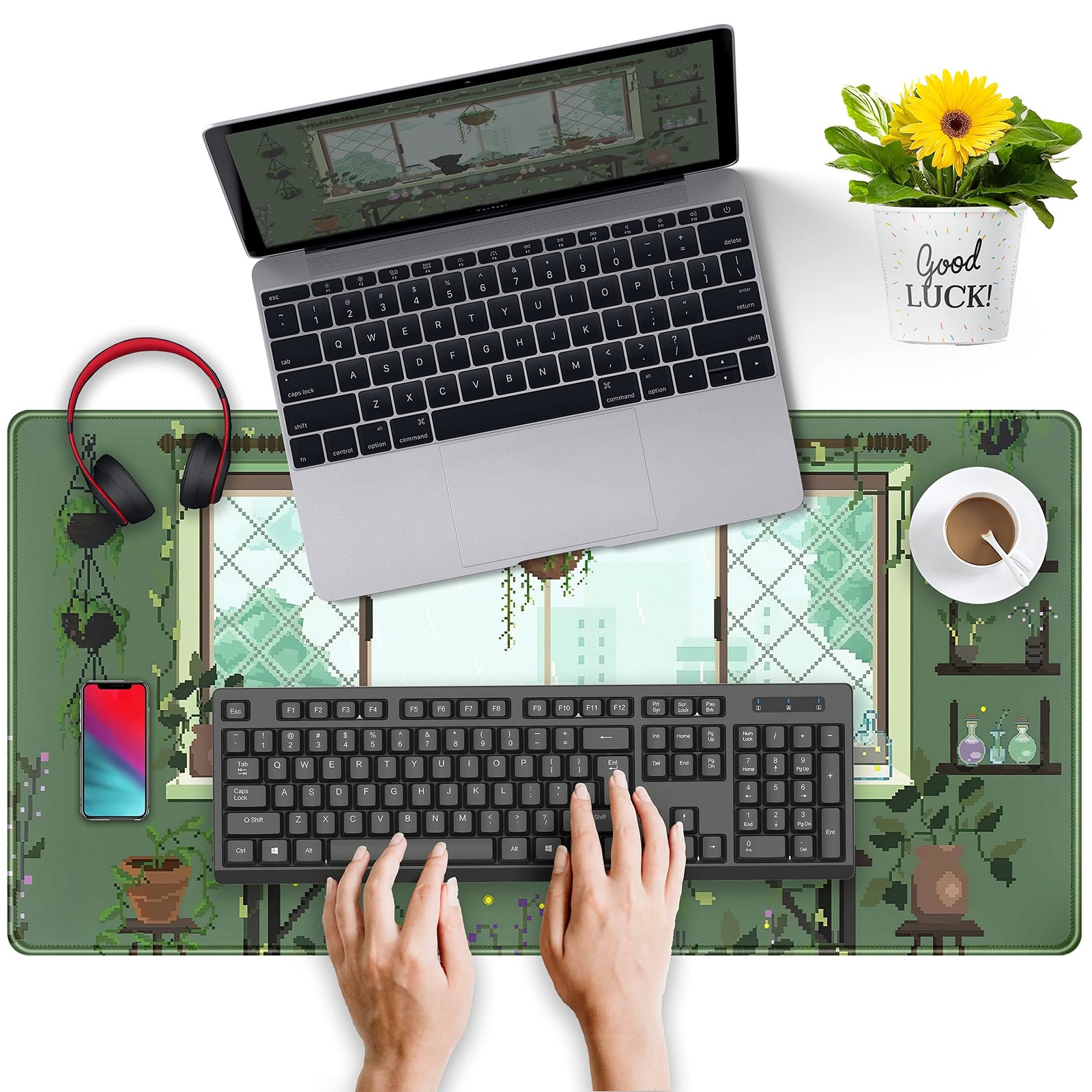 Cute Kawaii Green Plant Desk Mat Anime Aesthetic Mousepad Pixel Art XXL Large…