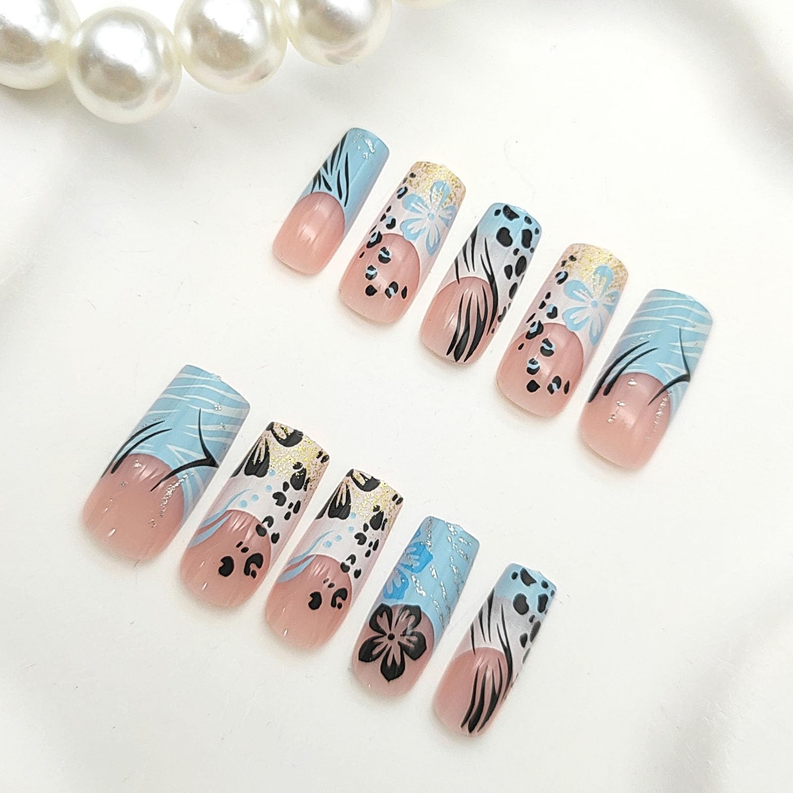 French Tip Long Press on Nails Almond Fake Nails with Leopard Flower Lines Gl…