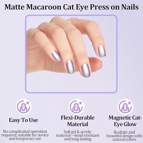 210pcs Glass Bead Matte Cat Eye Press on Nails for Women – 7 Matte Macaroon
