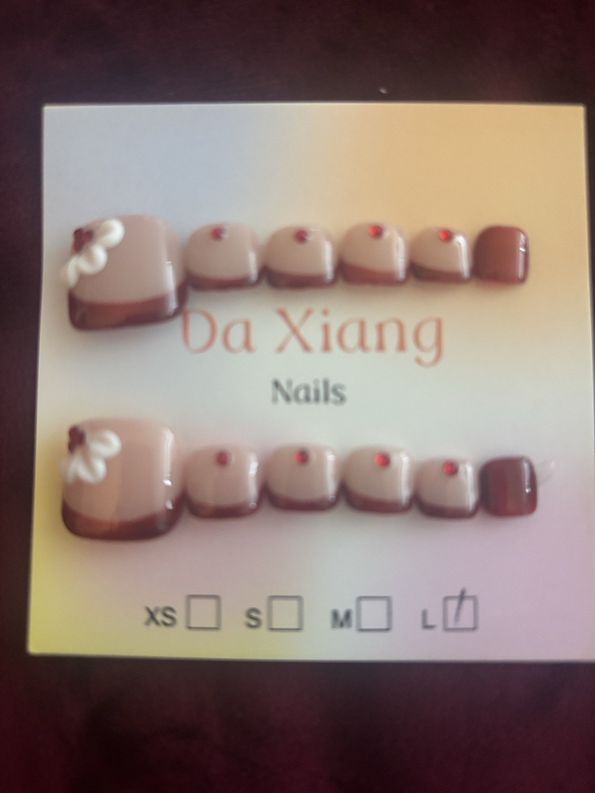 Da Xiang Press-On Nails Set Beige/Brown French Flower Pre-Designed Long Square