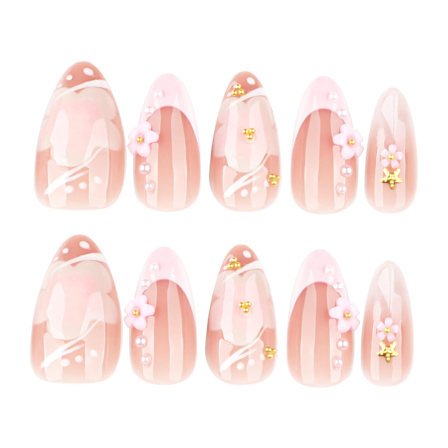 24Pcs White French Tip Press on Nails Short Almond Fake Nails with 3D Pink Flowe
