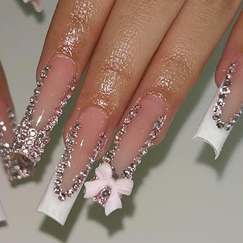 Press Nails Coffin French Tips with Design 3D Bow Flower Long Style-11