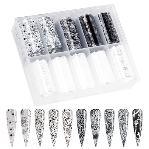 Holographic Nail Foil Sheets, Black White Lace Transfer Foil Nail Wraps Style 4