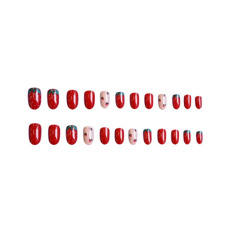 48 Cute Red and White Strawberry Nail Clippers Reusable Dotted Fake Nails