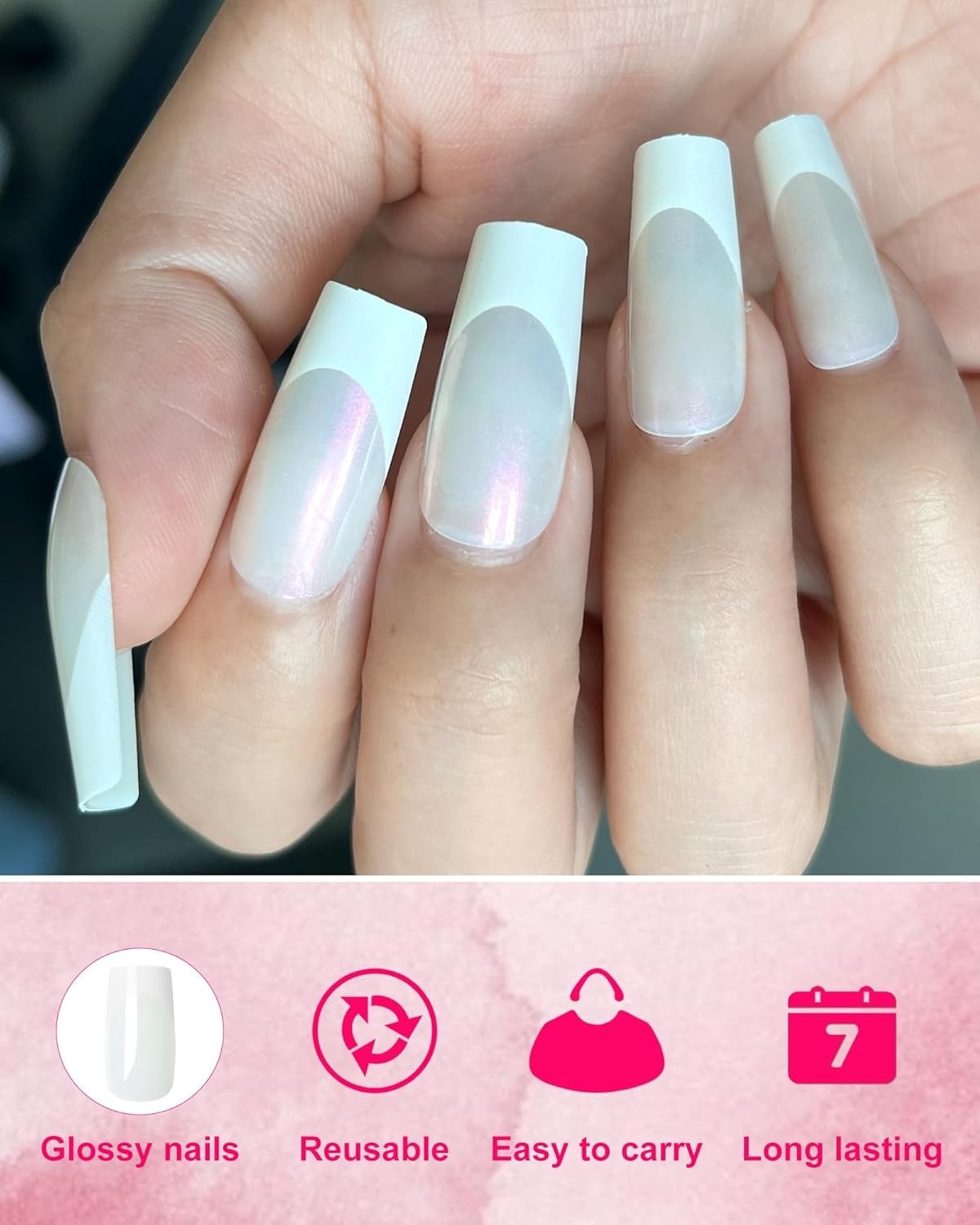 120Pcs French Tip Press on Nails Long Square Fake Nails White Glitter Frenchtip