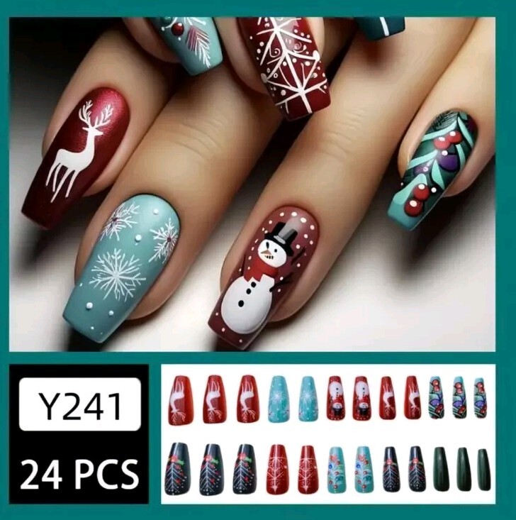 Festive Christmas Press-On Nails Long Ballet Fingernails Snowflakes, Reindeer 24