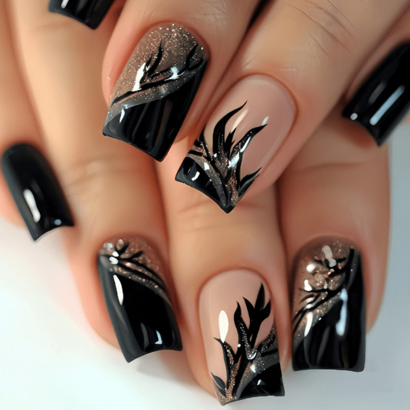 48Pcs Gold Glitter Leaf Black French Coffin Press on Nails, Cool Nude Fake Nails