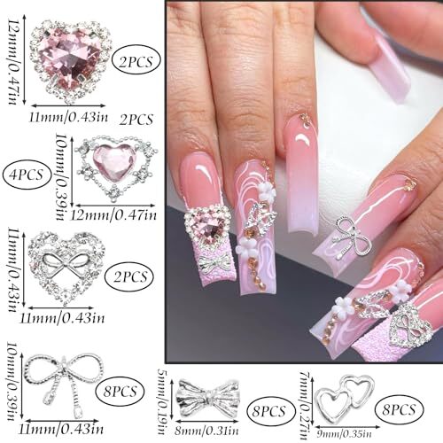 32PCS Bow Nail Charms 3D Silver Heart Shape Nail Art Charm Silver&Pink Bow