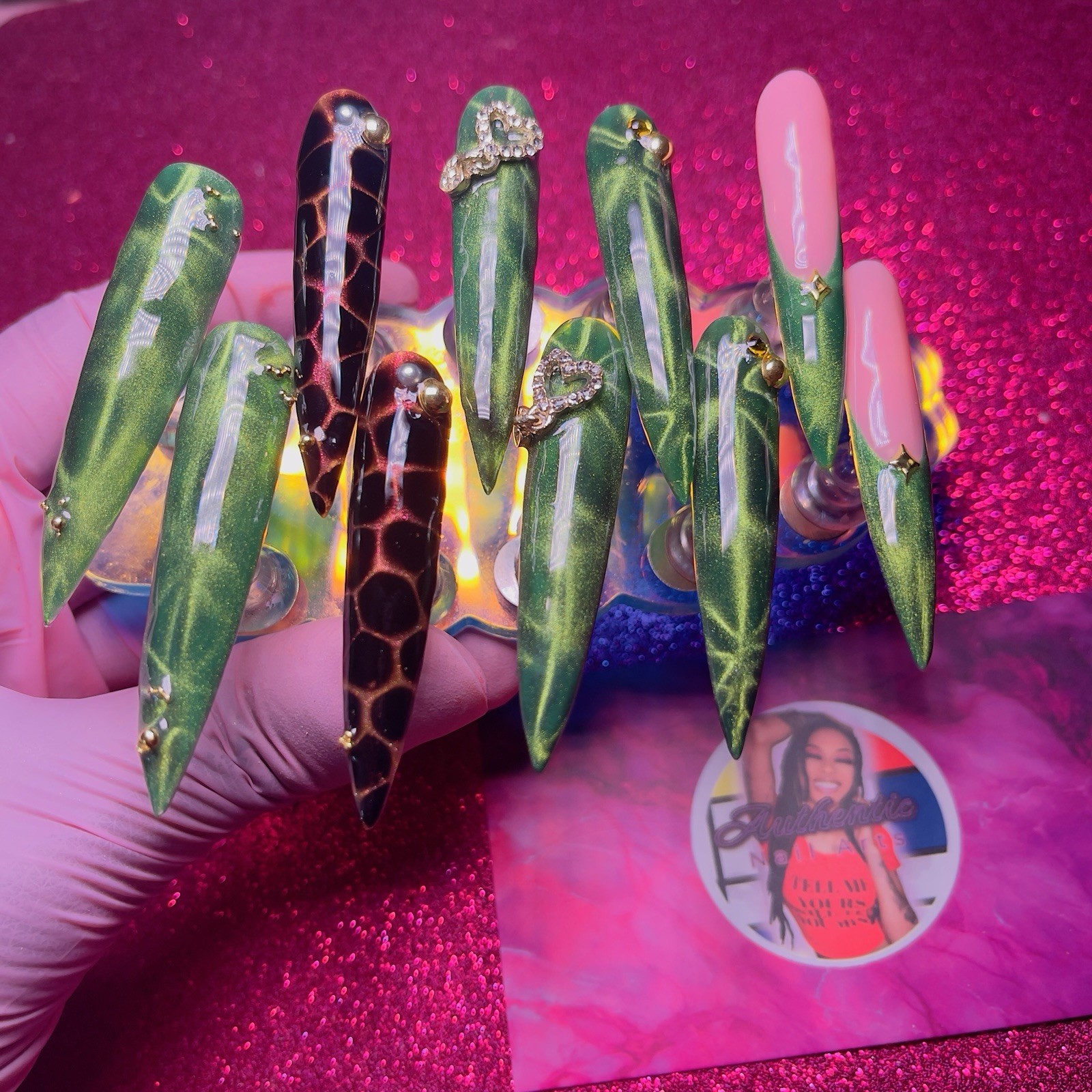 Nail Arts By Dia Long Stiletto Press-On Nails Animal Shiny Green Black Pink