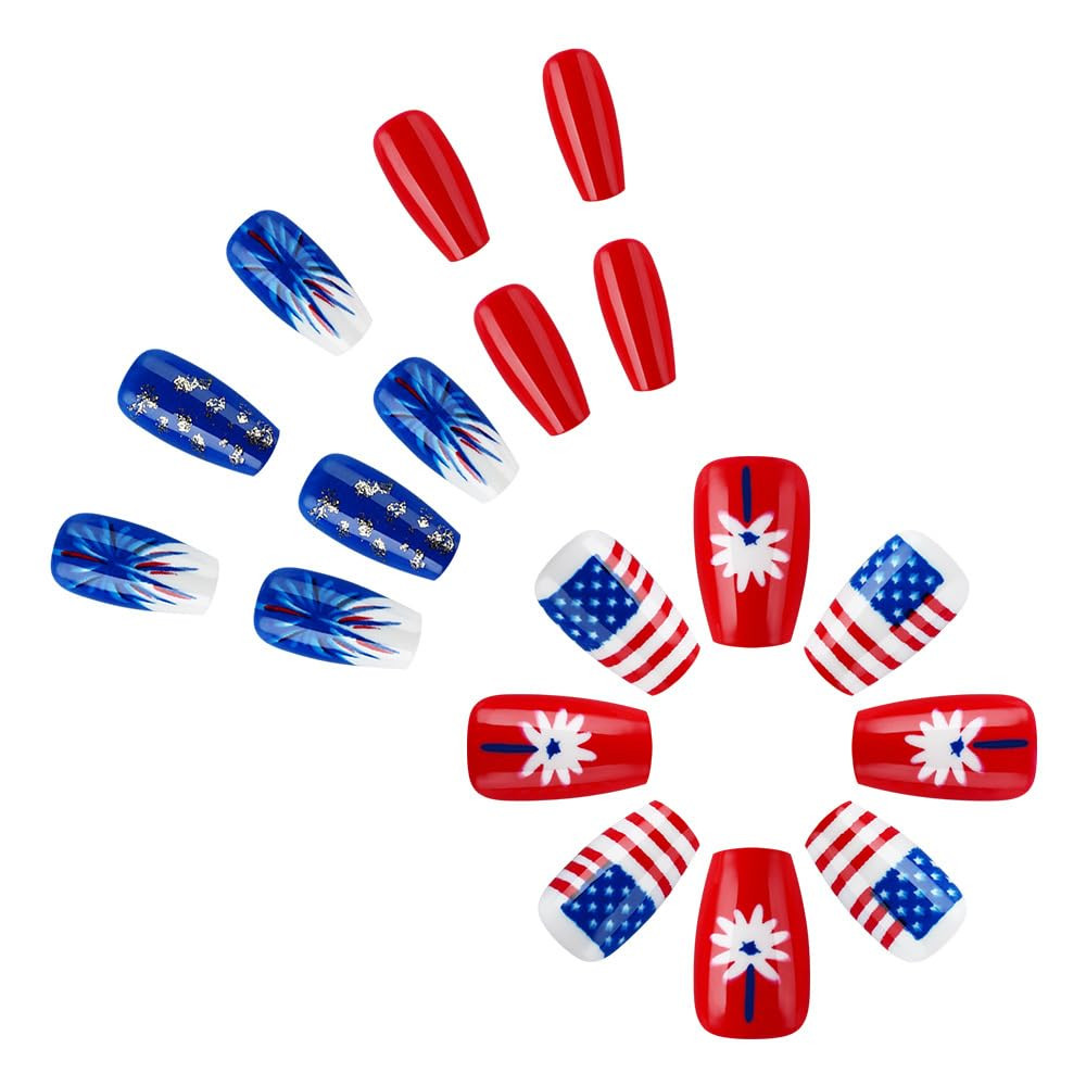 4Th of July Press on Nails Medium Square Fake Nails Flower Fireworks False Nails